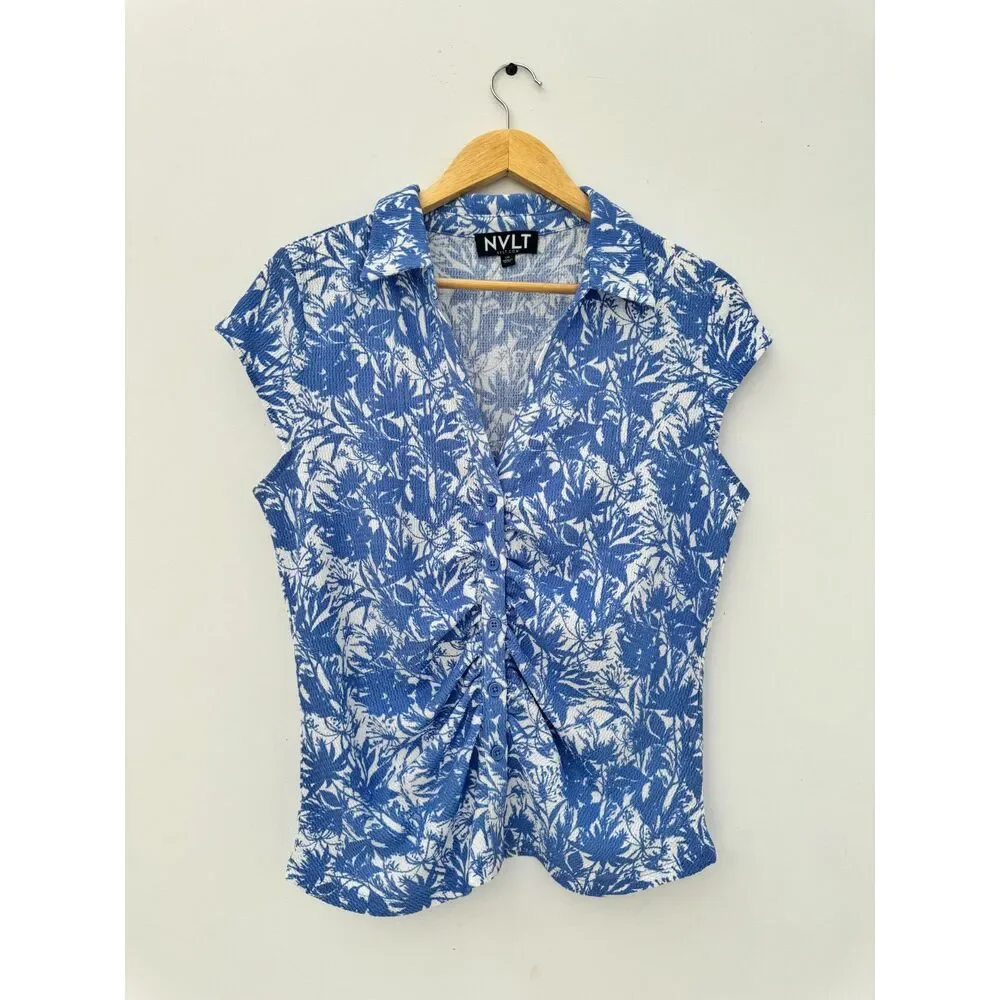 NVLT Blue Floral Textured Button Down Shirt Ruched Front Sz L